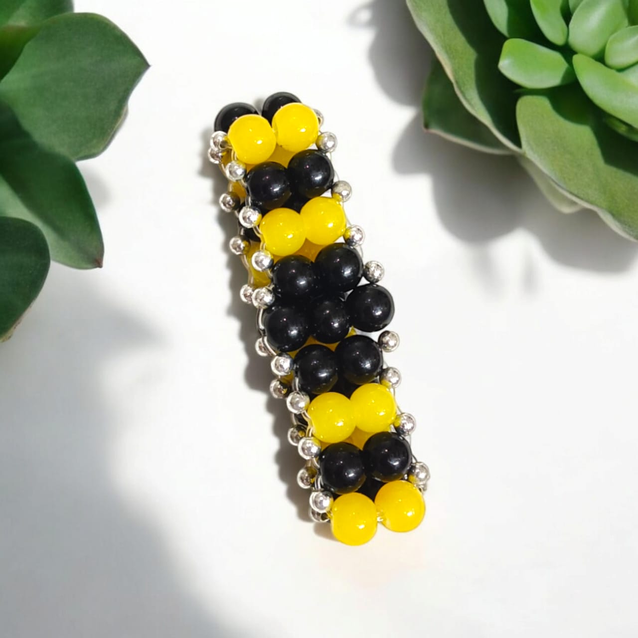 Lab-certified Black and Yellow Agate Bracelet with 8MM beads, stretchable design, providing grounding, focus, and spiritual balance by Timeshopee.