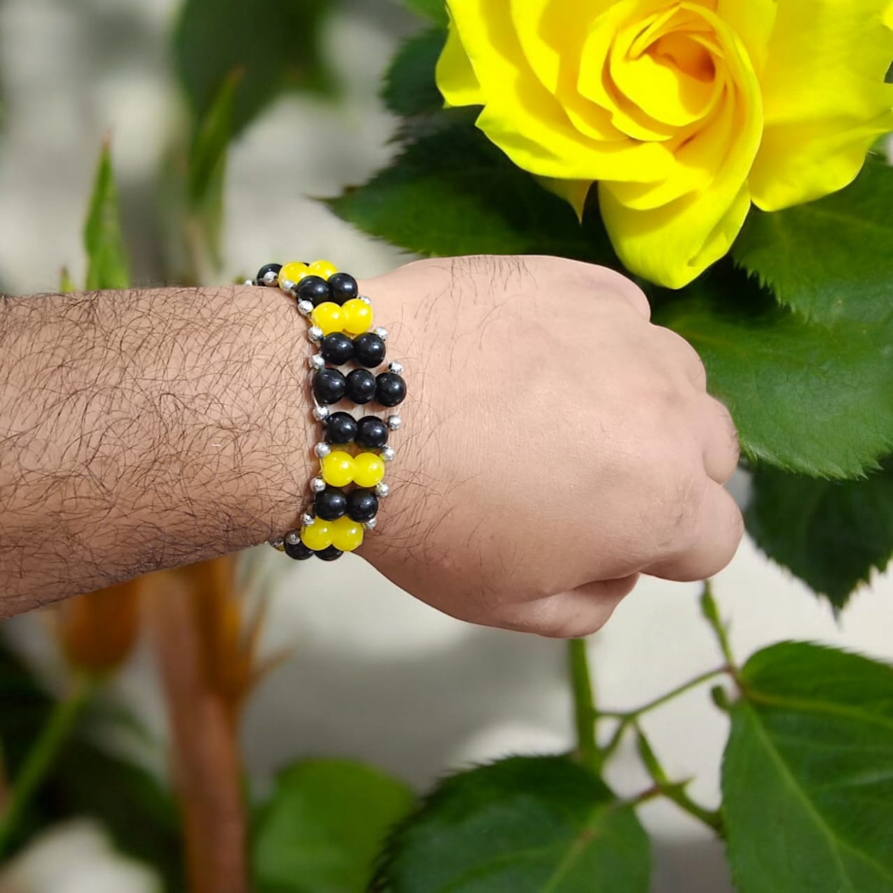 Lab-certified Black and Yellow Agate Bracelet with 8MM beads, stretchable design, providing grounding, focus, and spiritual balance by Timeshopee.