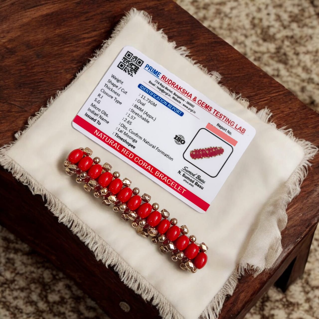 Lab-certified Lal Moonga bracelet with 8MM Red Coral beads and rose gold metal accents, stretchable for a premium, stylish look designed by Timeshopee.