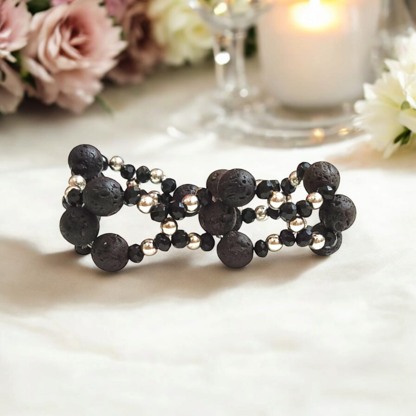 Lab-certified Lava Bracelet with 8MM lava beads and black and silver metal accents, stretchable for a sleek, premium look, designed by Timeshopee.