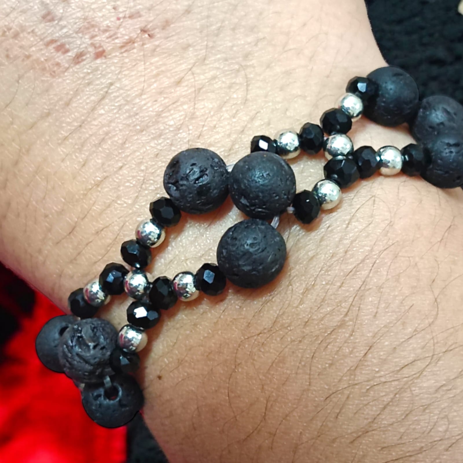 Lab-certified Lava Bracelet with 8MM lava beads and black and silver metal accents, stretchable for a sleek, premium look, designed by Timeshopee.