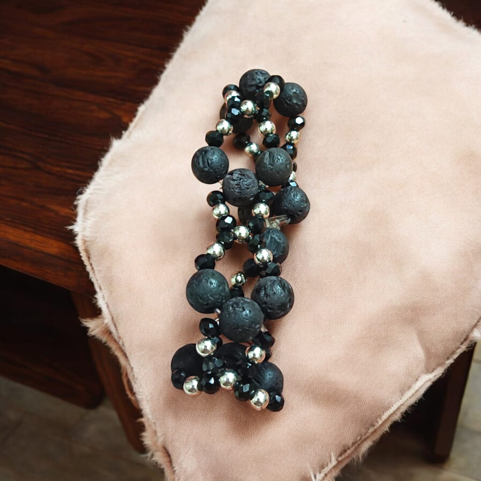 Lab-certified Lava Bracelet with 8MM lava beads and black and silver metal accents, stretchable for a sleek, premium look, designed by Timeshopee.