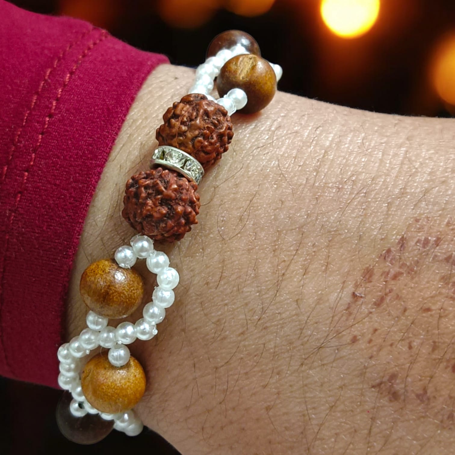 Lab-certified Rudraksha and Sandalwood Bracelet with 8MM beads, featuring white pearl accents and a silver lobster clasp, designed for meditation, strength, and spiritual growth by Timeshopee.