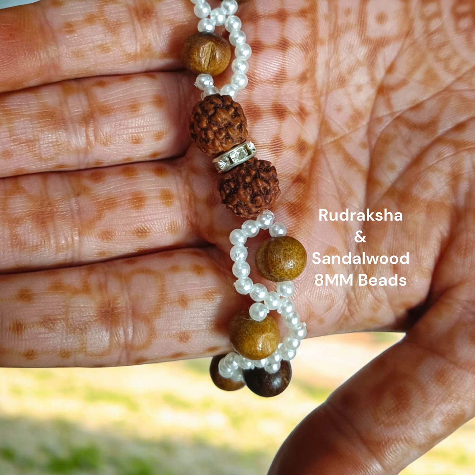 Lab-certified Rudraksha and Sandalwood Bracelet with 8MM beads, featuring white pearl accents and a silver lobster clasp, designed for meditation, strength, and spiritual growth by Timeshopee.