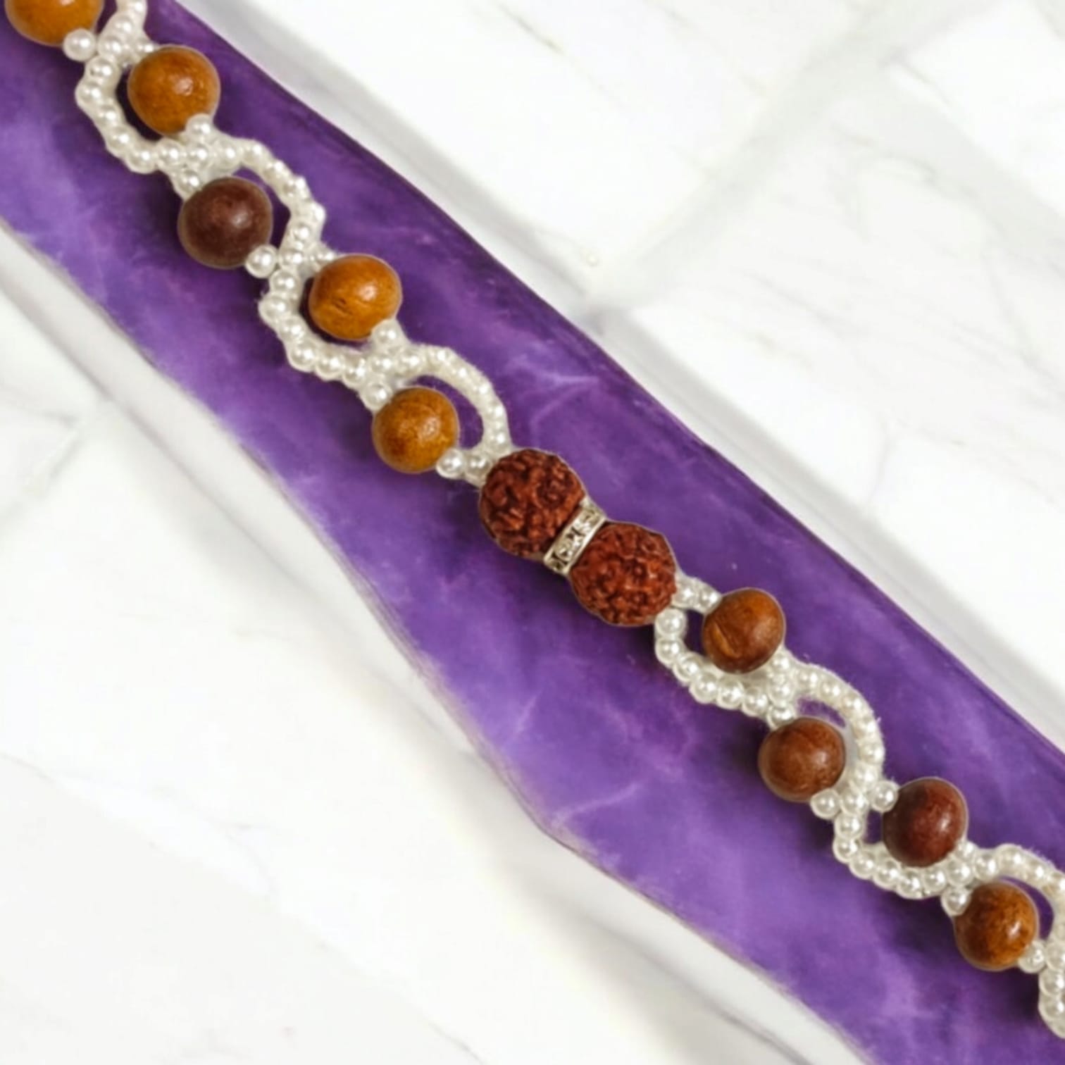 Lab-certified Rudraksha and Sandalwood Bracelet with 8MM beads, featuring white pearl accents and a silver lobster clasp, designed for meditation, strength, and spiritual growth by Timeshopee.