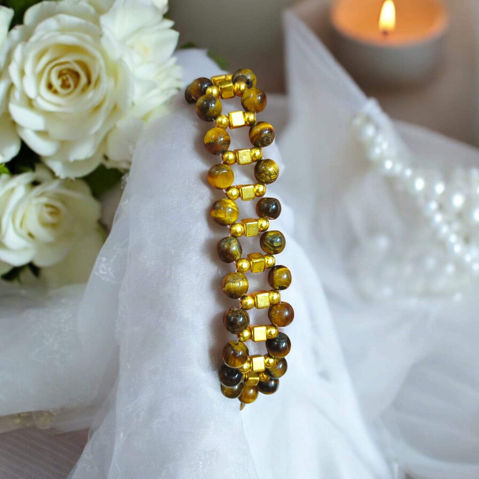 Lab-certified Tiger Eye Bracelet with 7MM beads, featuring golden metal accents and a golden lobster clasp, designed for strength, confidence, and business growth by Timeshopee.