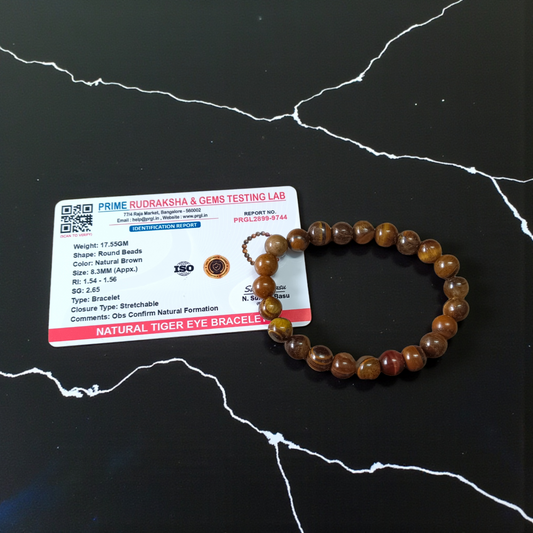 Lab-certified Tiger Eye Bracelet with 8MM natural golden-brown beads, stretchable design for focus, courage, and energy protection