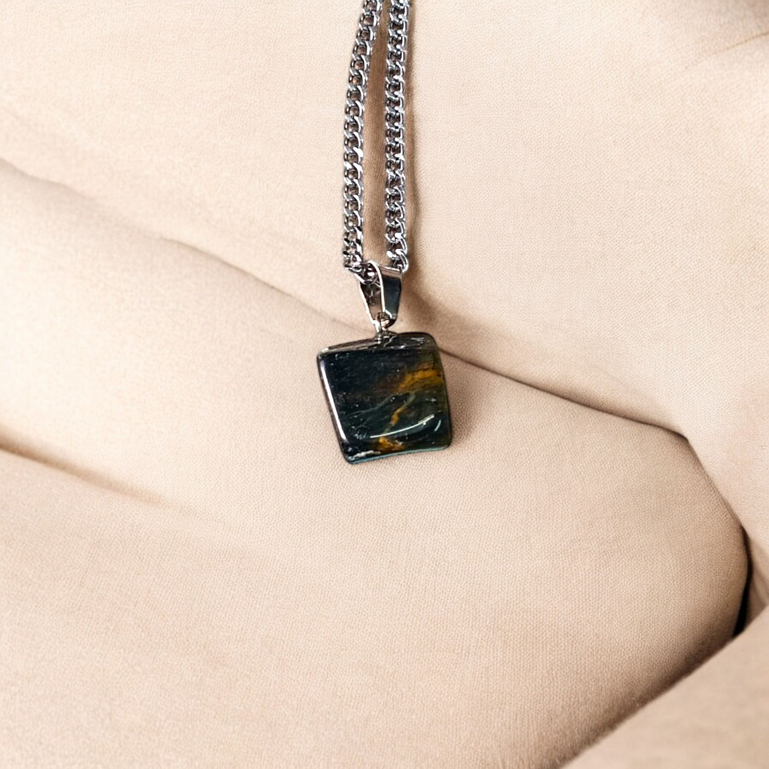 Lab-certified Tiger Eye Pendant with chain, featuring a golden-brown gemstone known for its grounding and protective properties