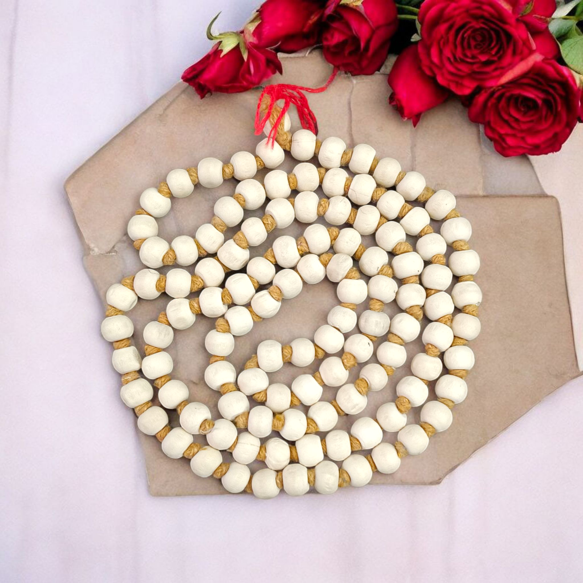 Lab-certified Tulsi Mala with 108+1 beads, used for meditation and spiritual practices, featuring traditional and sacred Tulsi beads