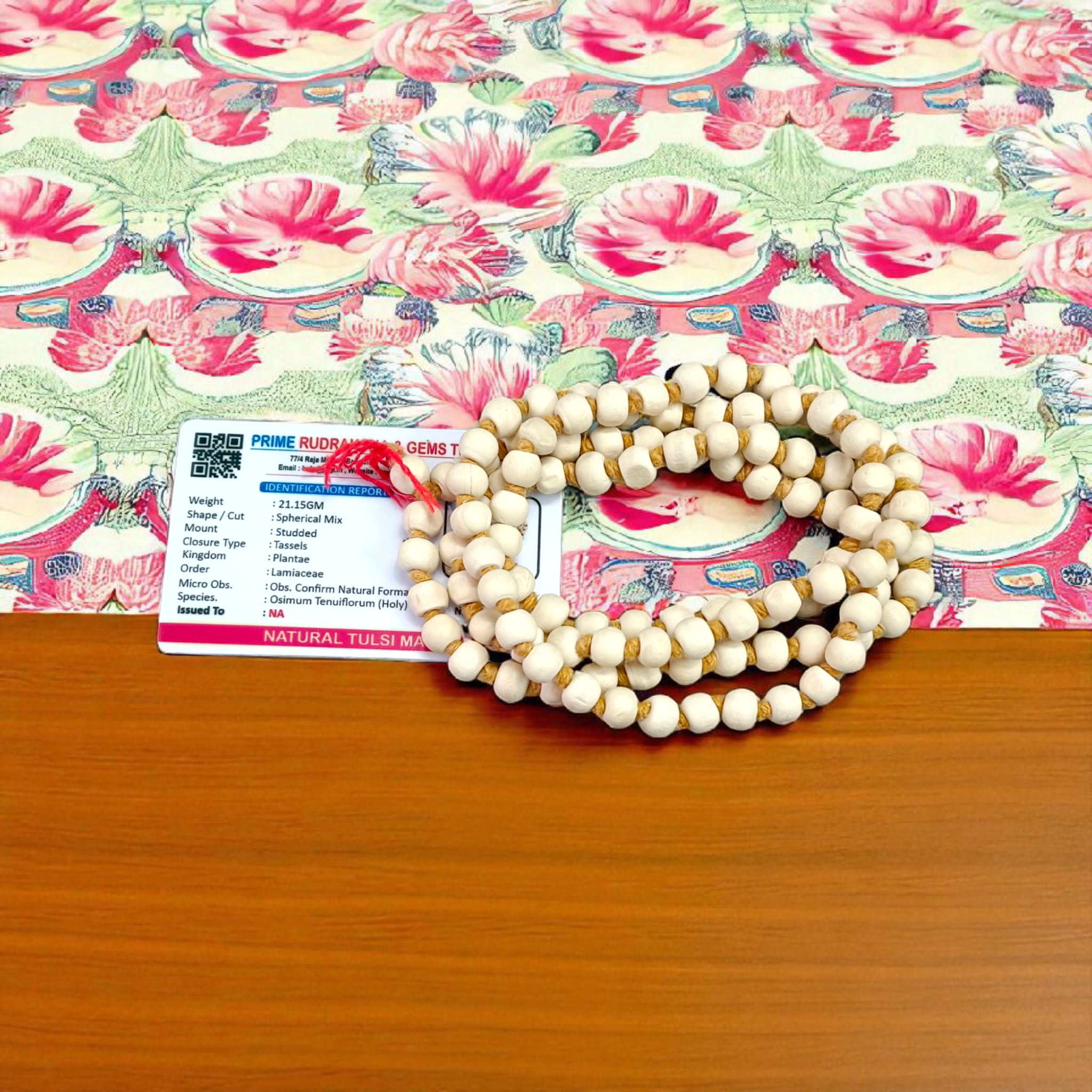 Lab-certified Tulsi Mala with 108+1 beads, used for meditation and spiritual practices, featuring traditional and sacred Tulsi beads
