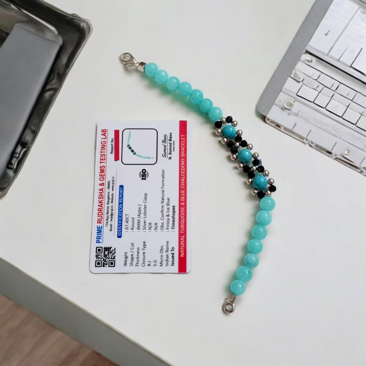 Lab-certified Turquoise and Blue Chalcedony bracelet with 8MM beads and silver lobster clasp, designed by Timeshopee for protection, attraction, and spiritual growth.