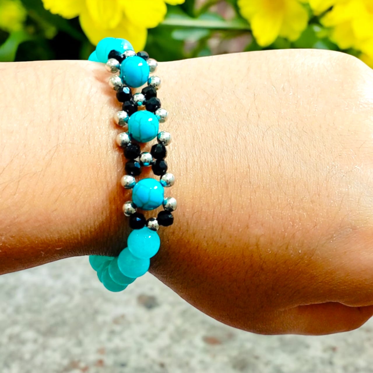 Lab-certified Turquoise and Blue Chalcedony bracelet with 8MM beads and silver lobster clasp, designed by Timeshopee for protection, attraction, and spiritual growth.