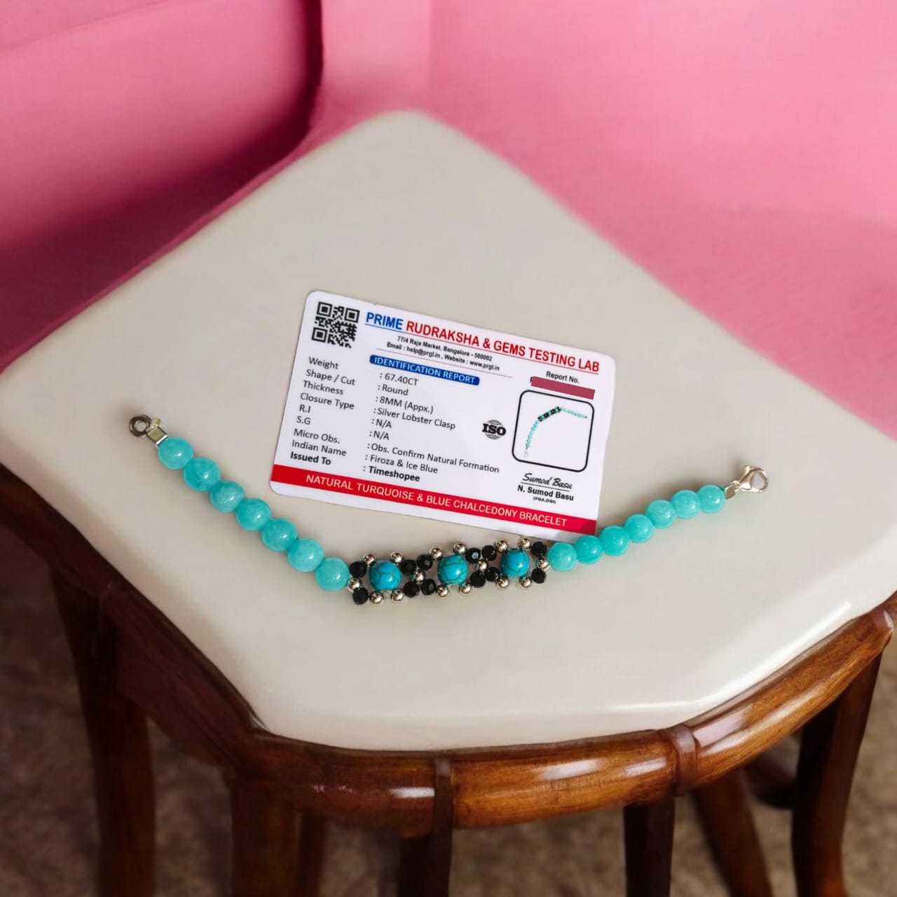 Lab-certified Turquoise and Blue Chalcedony bracelet with 8MM beads and silver lobster clasp, designed by Timeshopee for protection, attraction, and spiritual growth.