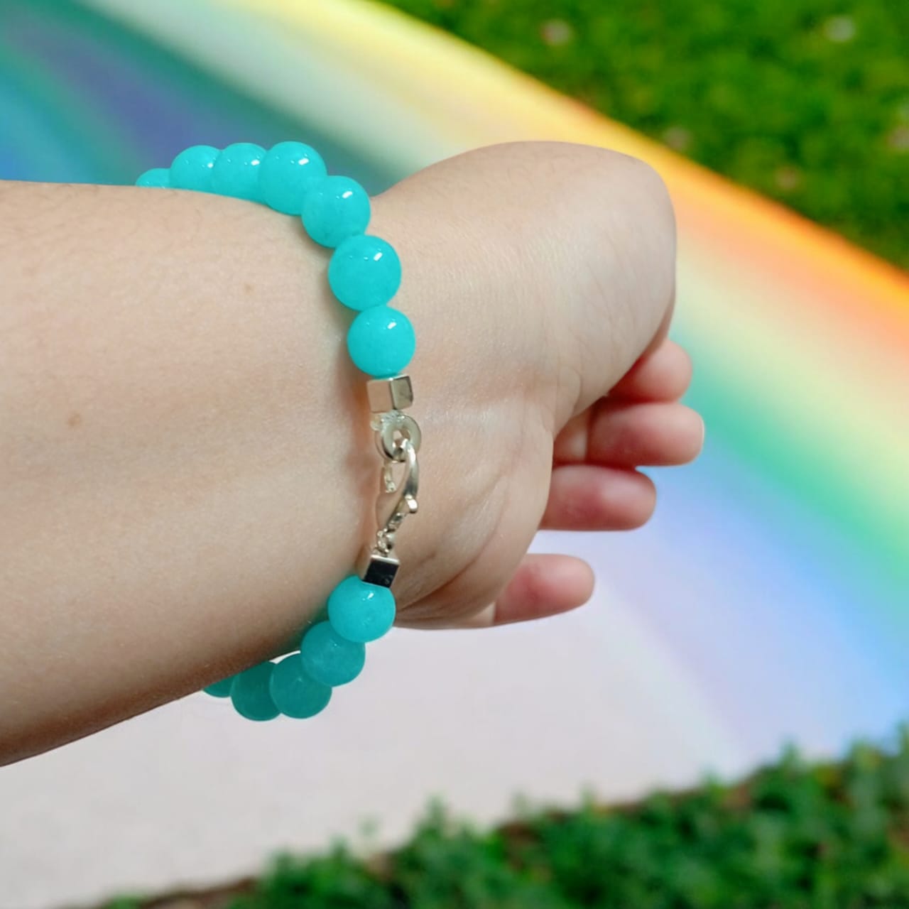 Lab-certified Turquoise and Blue Chalcedony bracelet with 8MM beads and silver lobster clasp, designed by Timeshopee for protection, attraction, and spiritual growth.