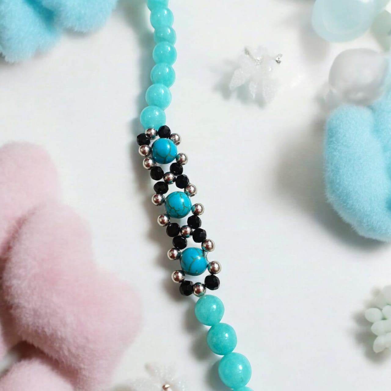 Lab-certified Turquoise and Blue Chalcedony bracelet with 8MM beads and silver lobster clasp, designed by Timeshopee for protection, attraction, and spiritual growth.