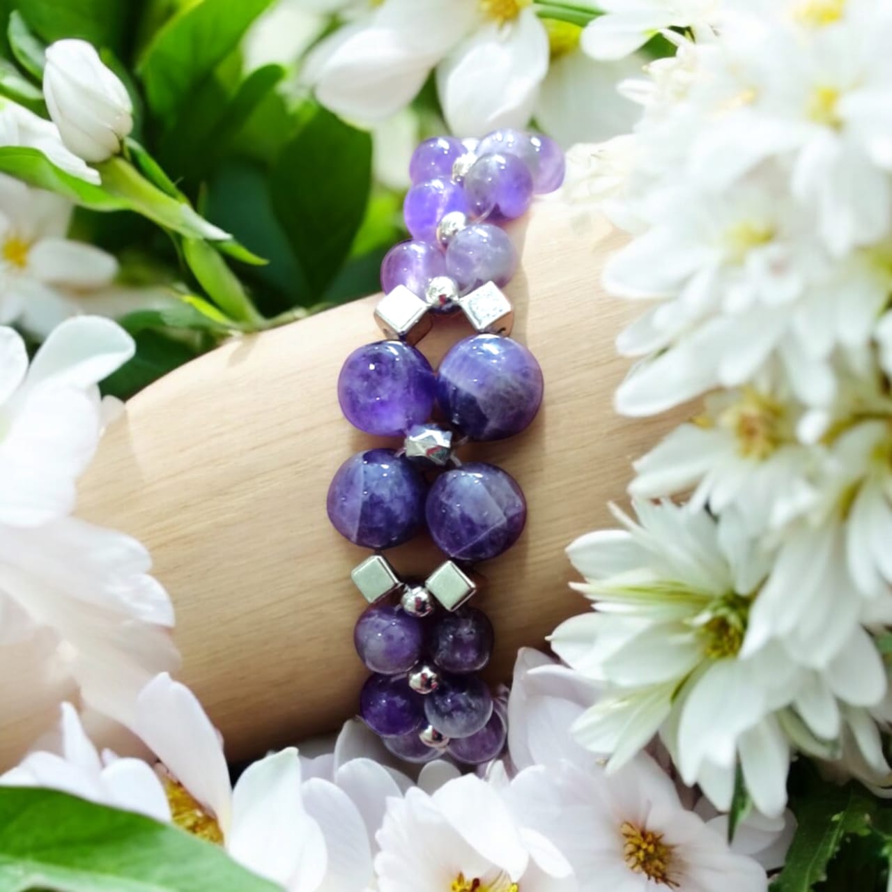 Lab Certified Amethyst Bracelet from Timeshopee with 8MM beads and an adjustable lobster clasp, perfect for stylish wear and spiritual benefits.