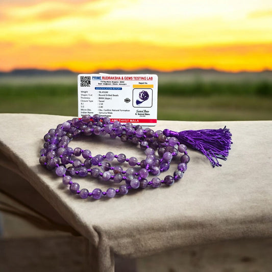 Lab Certified Amethyst Mala 108+1 Beads 8MM for Meditation Healing Spiritual Growth and Chakra Balancing