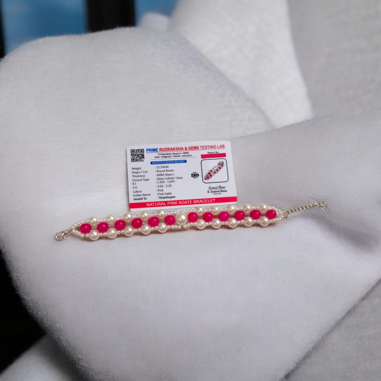 Lab Certified Genuine Pink Agate Bracelet with 8MM beads and pearls, adjustable lobster clasp, perfect for attraction, love, and spiritual strength.