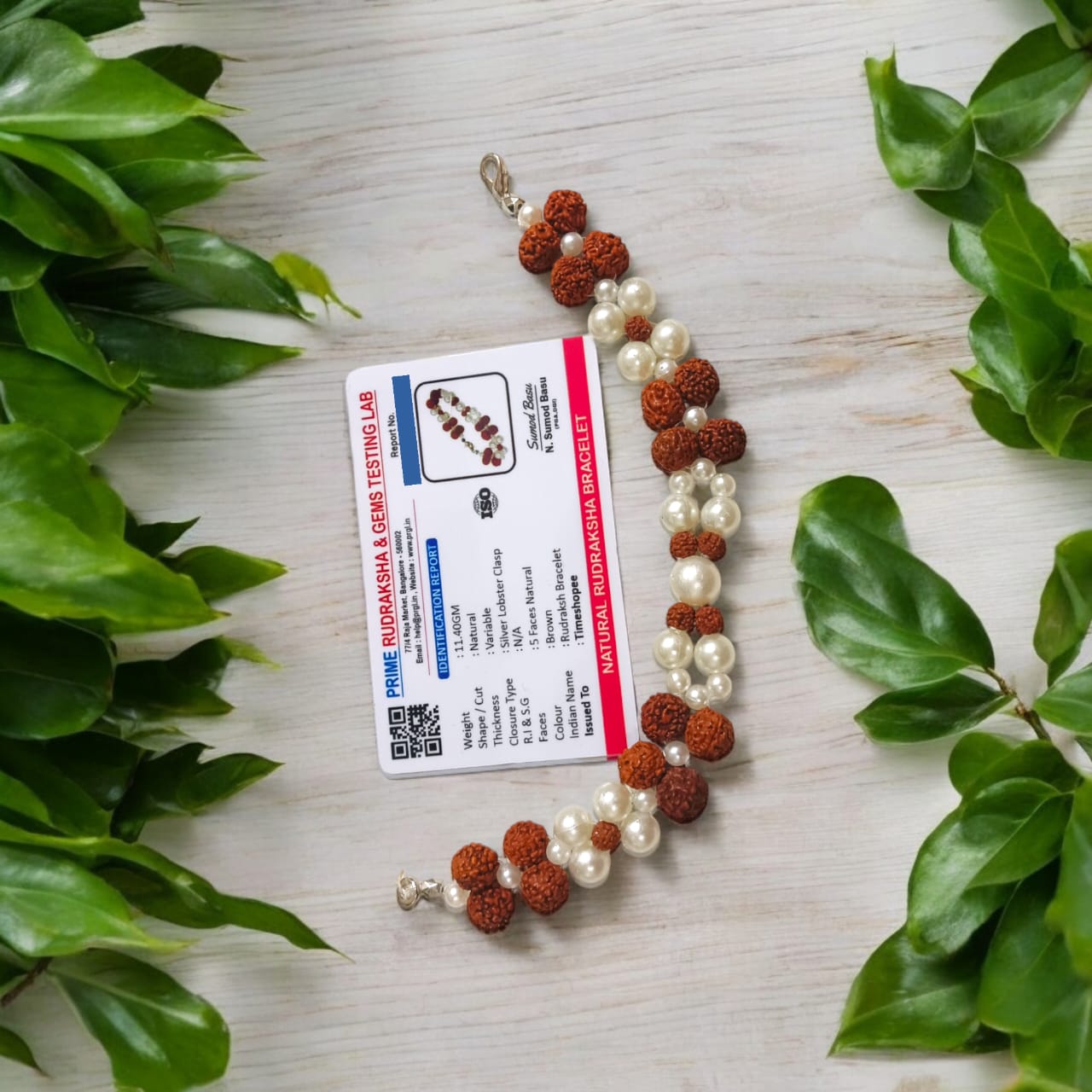 Lab Certified Genuine Rudraksha & Pearl Bracelet with 5-10MM beads and pearls, adjustable lobster clasp, perfect for spiritual balance and premium styling.