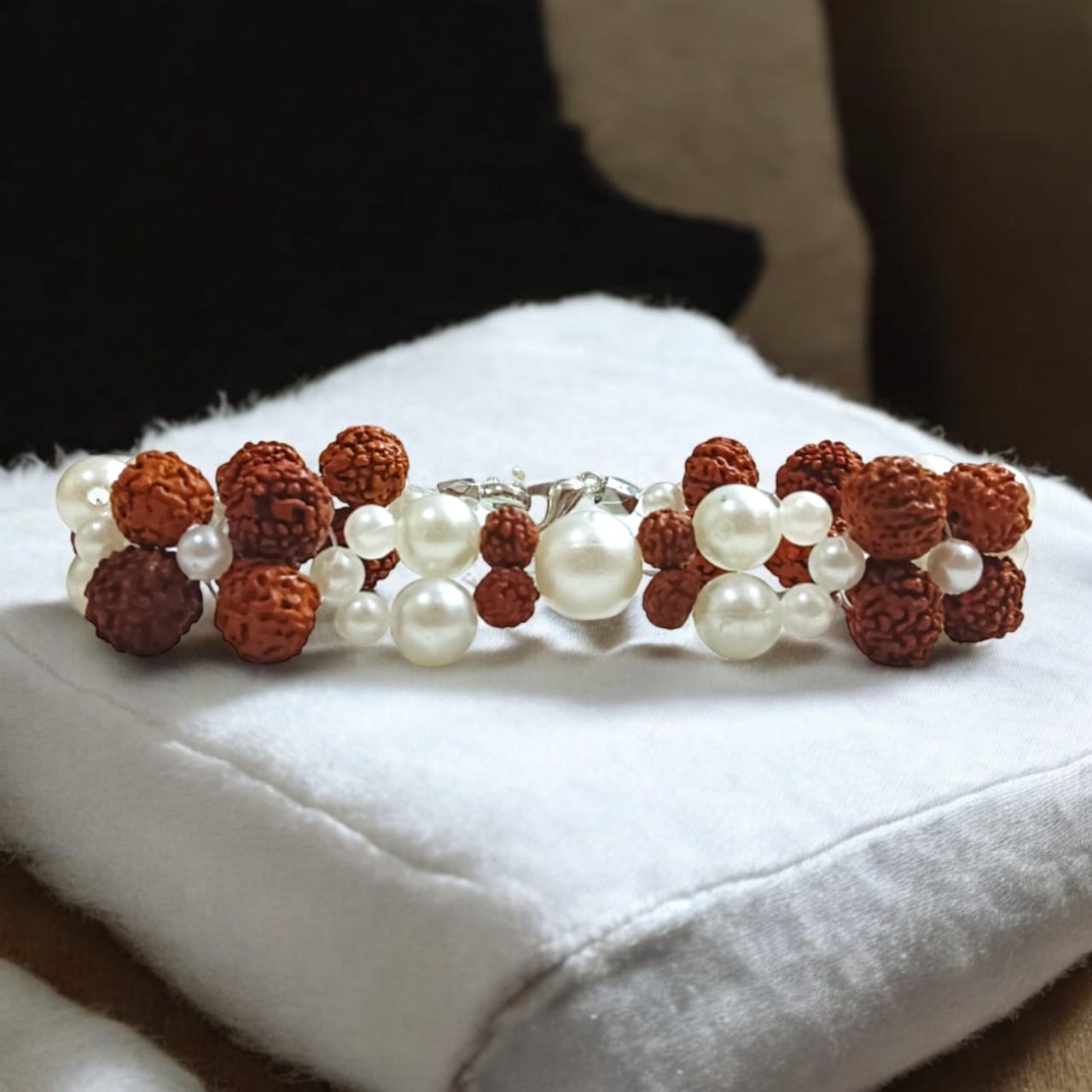 Lab Certified Genuine Rudraksha & Pearl Bracelet with 5-10MM beads and pearls, adjustable lobster clasp, perfect for spiritual balance and premium styling.