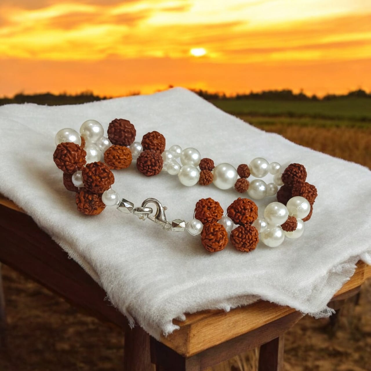 Lab Certified Genuine Rudraksha & Pearl Bracelet with 5-10MM beads and pearls, adjustable lobster clasp, perfect for spiritual balance and premium styling.