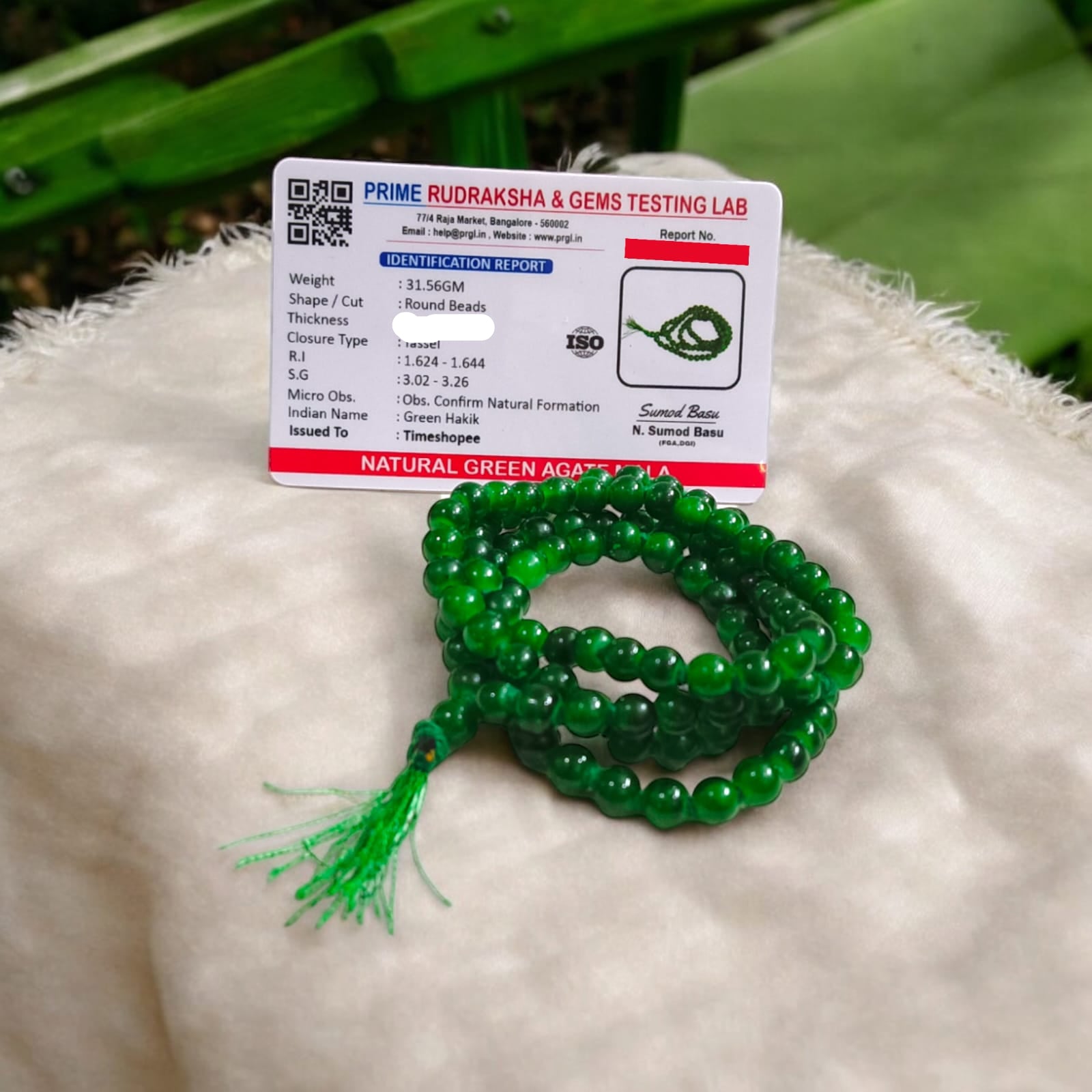 Lab Certified Green Agate Mala with 8MM Natural Beads in 27+1 and 108+1 variants for meditation and healing