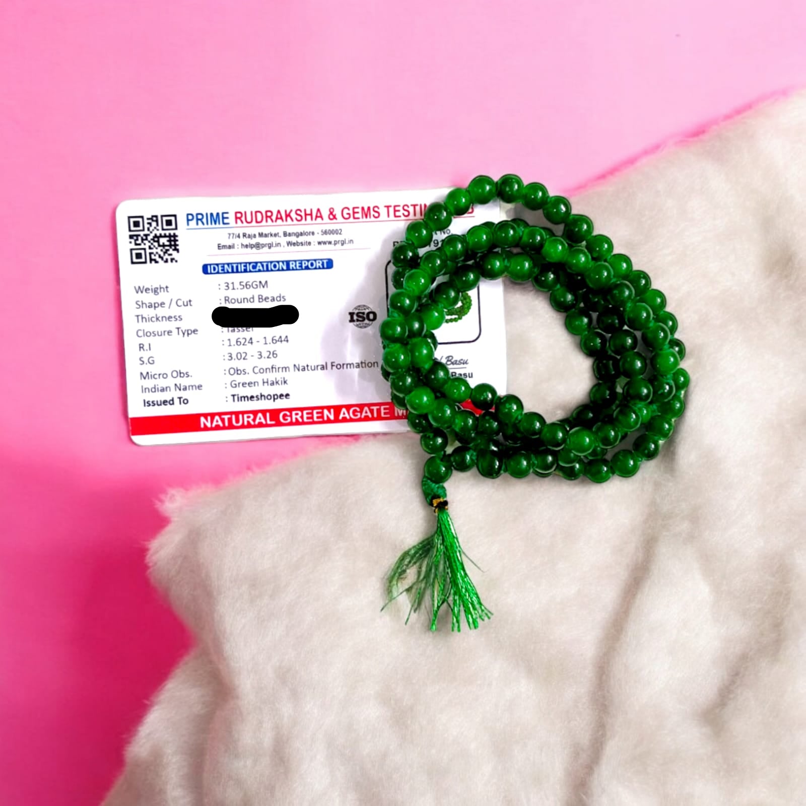 Lab Certified Green Agate Mala with 8MM Natural Beads in 27+1 and 108+1 variants for meditation and healing