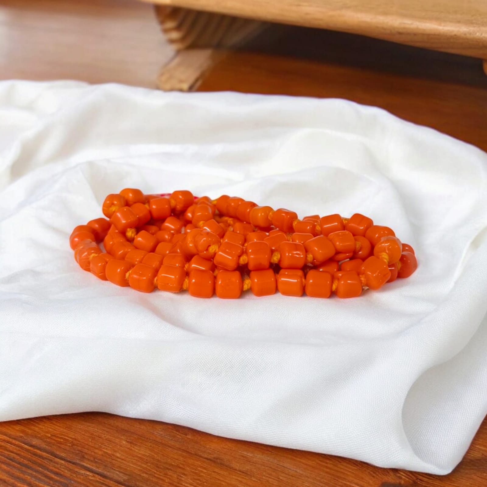 Lab Certified Orange Monga Mala from Timeshopee, ideal for spiritual practices, meditation, and as a vibrant accessory.