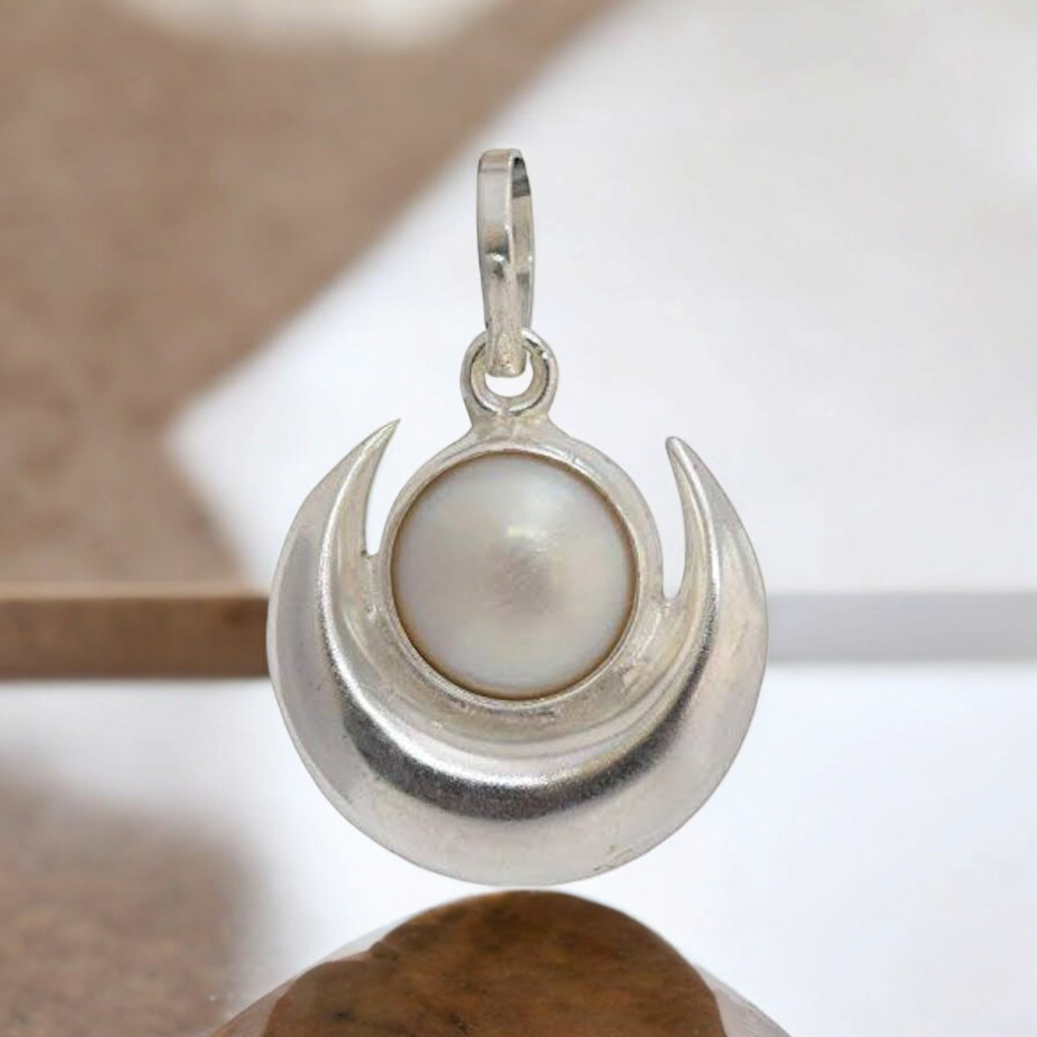 Lab Certified Pearl Moon Pendant with Moti Chandra Gemstone in Silver