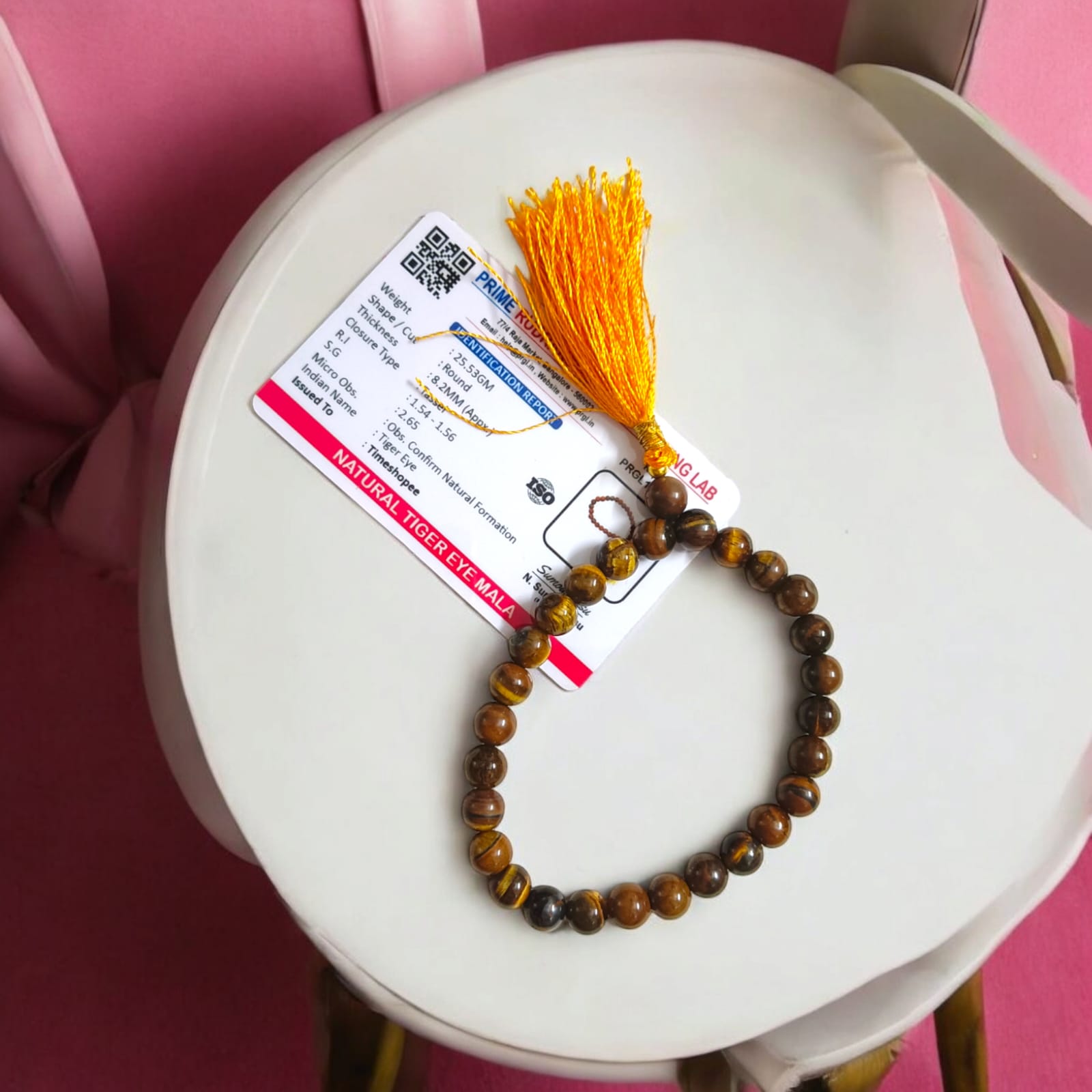 Lab Certified Tiger Eye Mala 27+1 Beads - Compact 8mm Bead Mala for Japa by Timeshopee-Online Religious Store