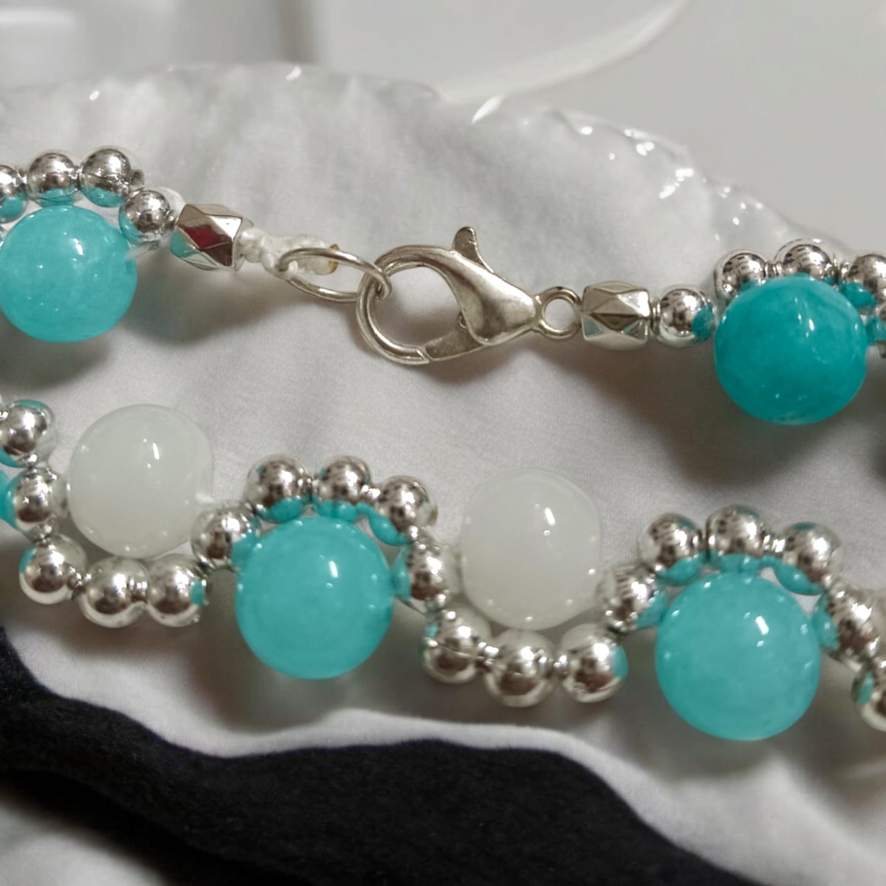 Lab Certified White Agate and Blue Chalcedony Bracelet with 8MM beads, silver bead accents, adjustable lobster clasp, stylish design for balance and peace.