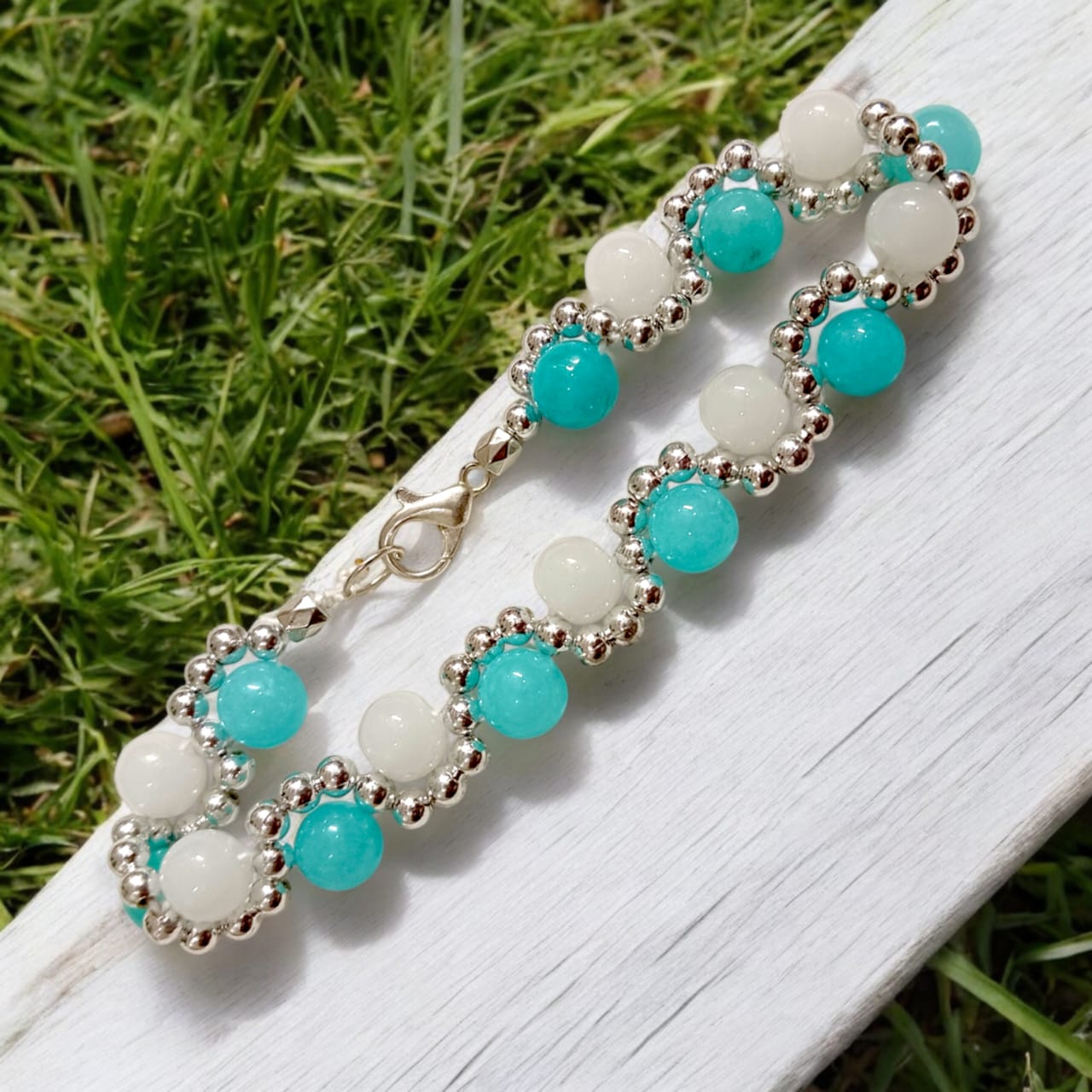 Lab Certified White Agate and Blue Chalcedony Bracelet with 8MM beads, silver bead accents, adjustable lobster clasp, stylish design for balance and peace.