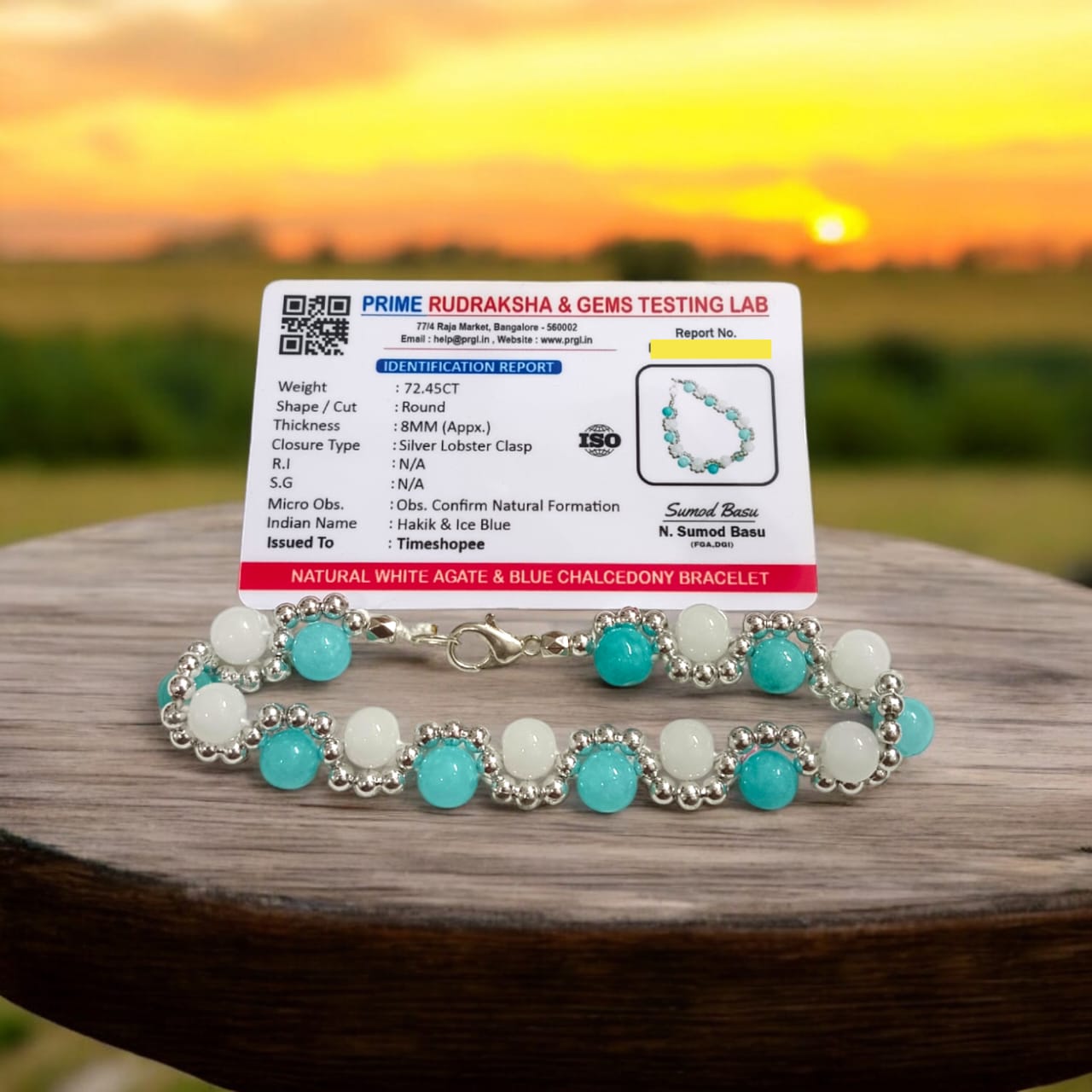 Lab Certified White Agate and Blue Chalcedony Bracelet with 8MM beads, silver bead accents, adjustable lobster clasp, stylish design for balance and peace.