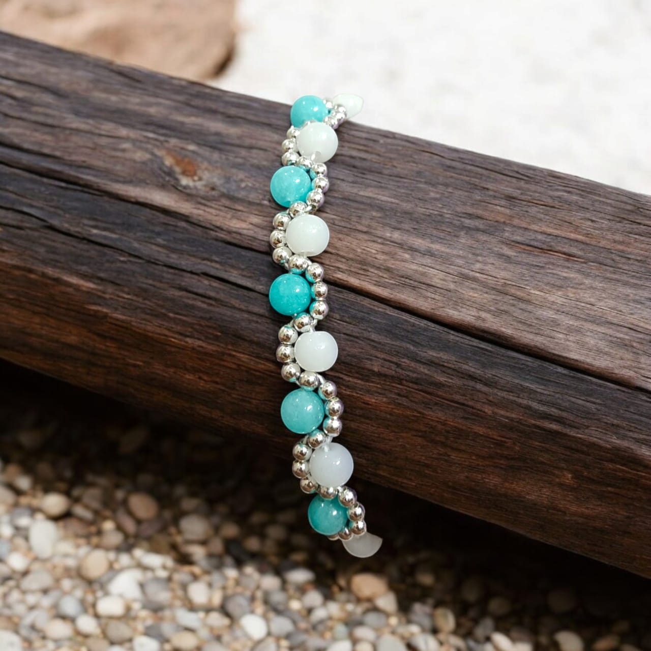 Lab Certified White Agate and Blue Chalcedony Bracelet with 8MM beads, silver bead accents, adjustable lobster clasp, stylish design for balance and peace.