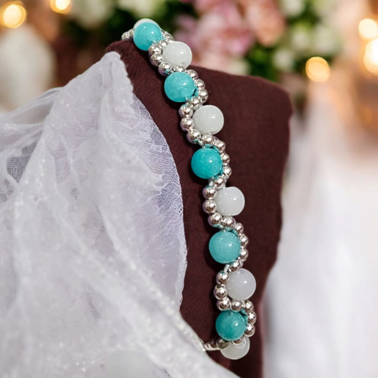 Lab Certified White Agate and Blue Chalcedony Bracelet with 8MM beads, silver bead accents, adjustable lobster clasp, stylish design for balance and peace.