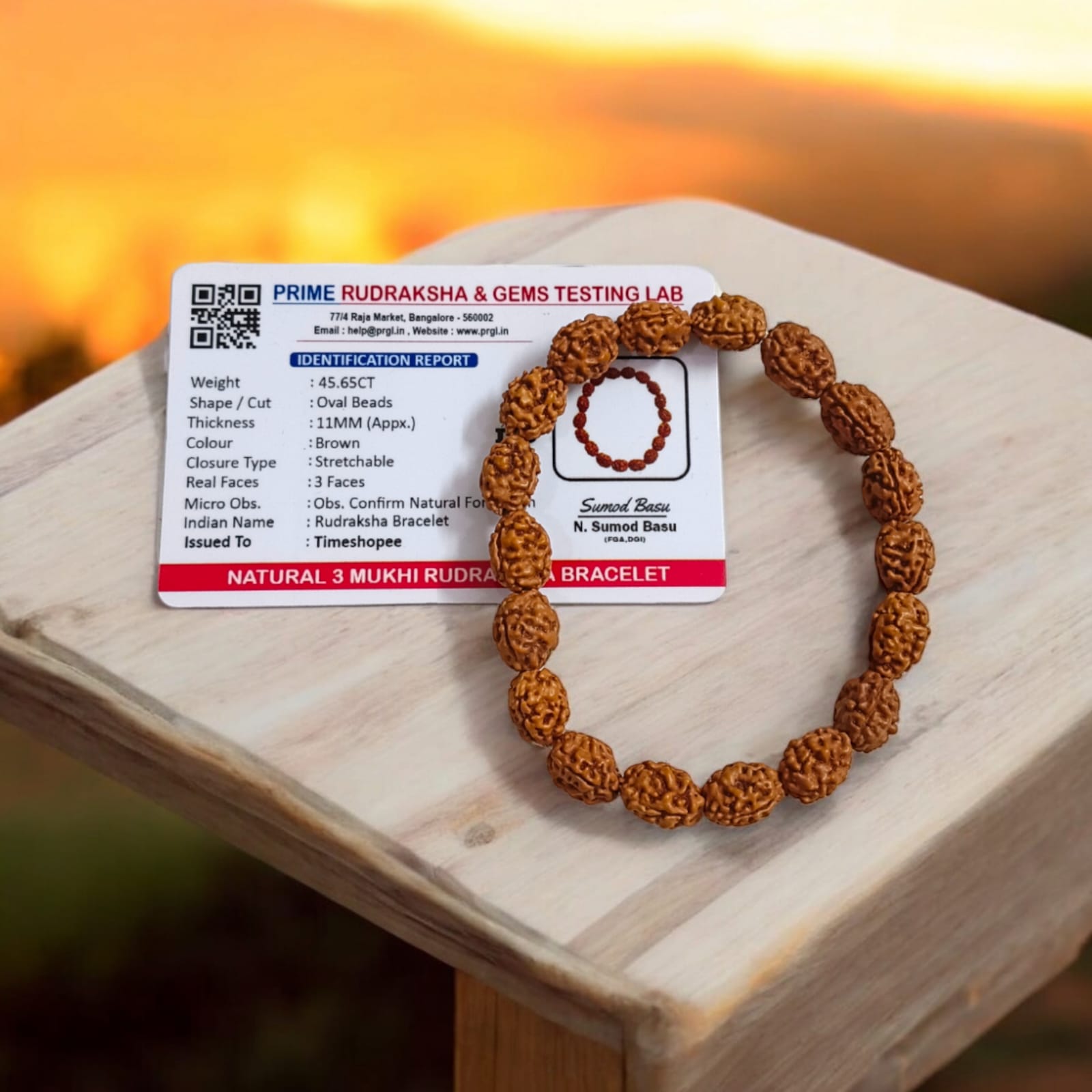 Lab certified 3 Mukhi Rudraksha bracelet with 12mm beads, offering Trishakti protection, perfect for spiritual wear and gifting.