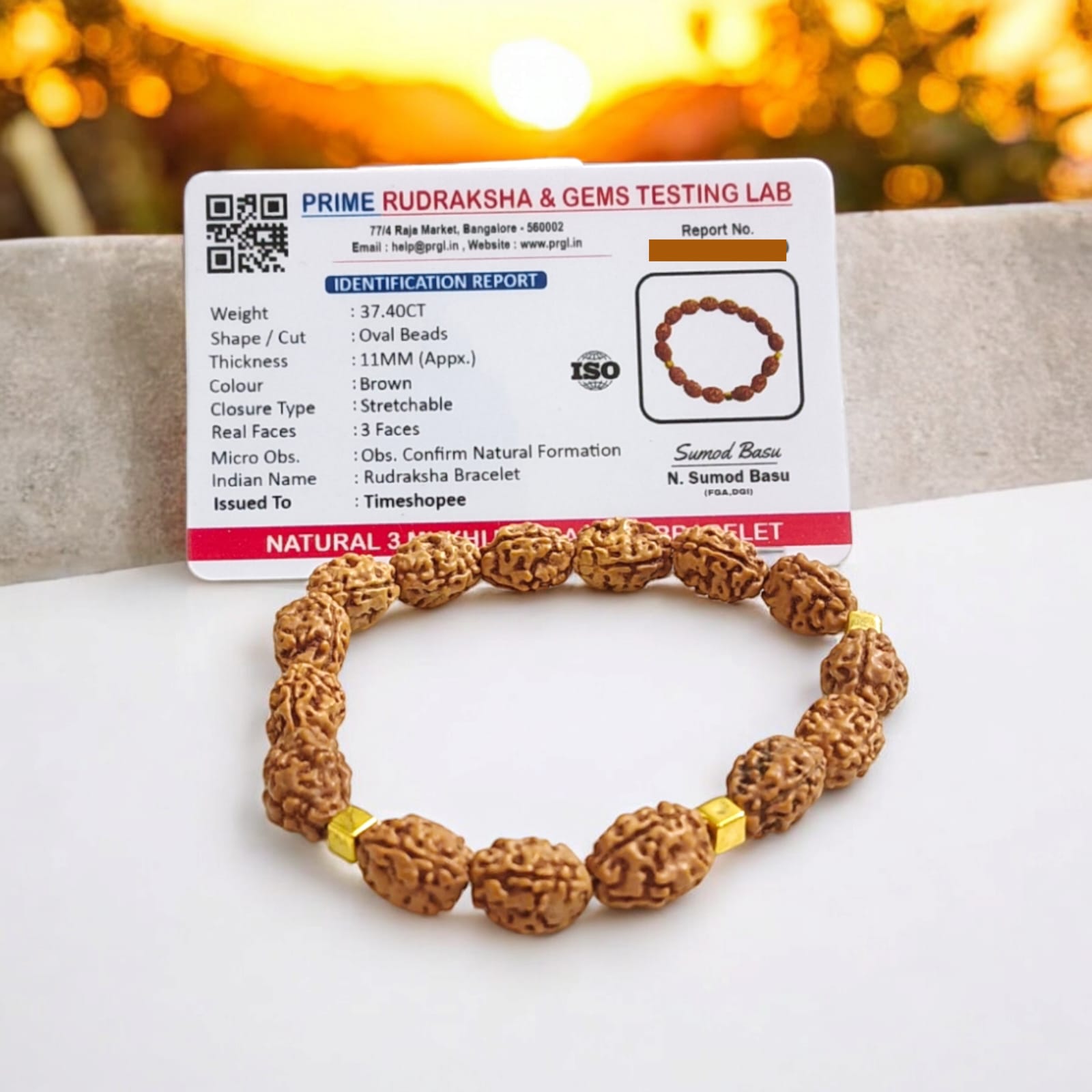 Lab certified 3 Mukhi Rudraksha bracelet with 12mm beads, offering Trishakti protection, perfect for spiritual wear and gifting.