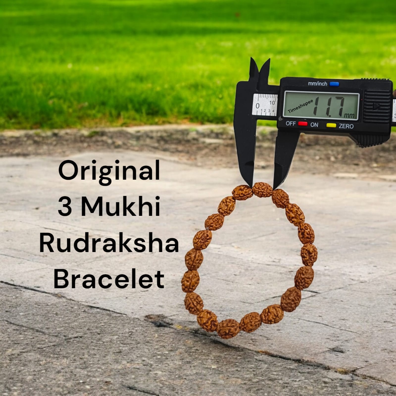 Lab certified 3 Mukhi Rudraksha bracelet with 12mm beads, offering Trishakti protection, perfect for spiritual wear and gifting.