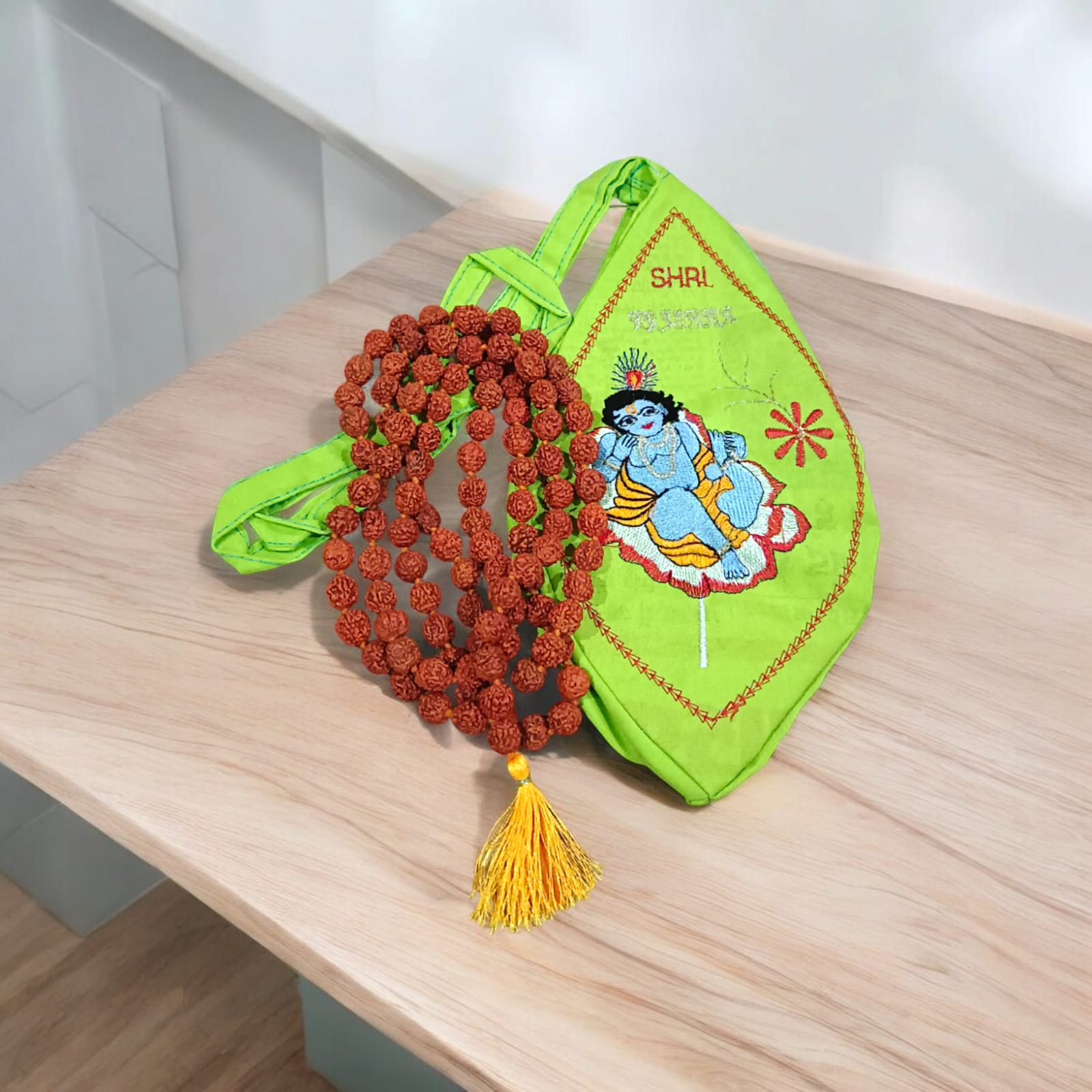 Laddu Gopal Cotton Japa Mala Bag with Gomukhi design, dimensions 25.4 x 12.7 x 2.5 cm, lightweight, available at Timeshopee.