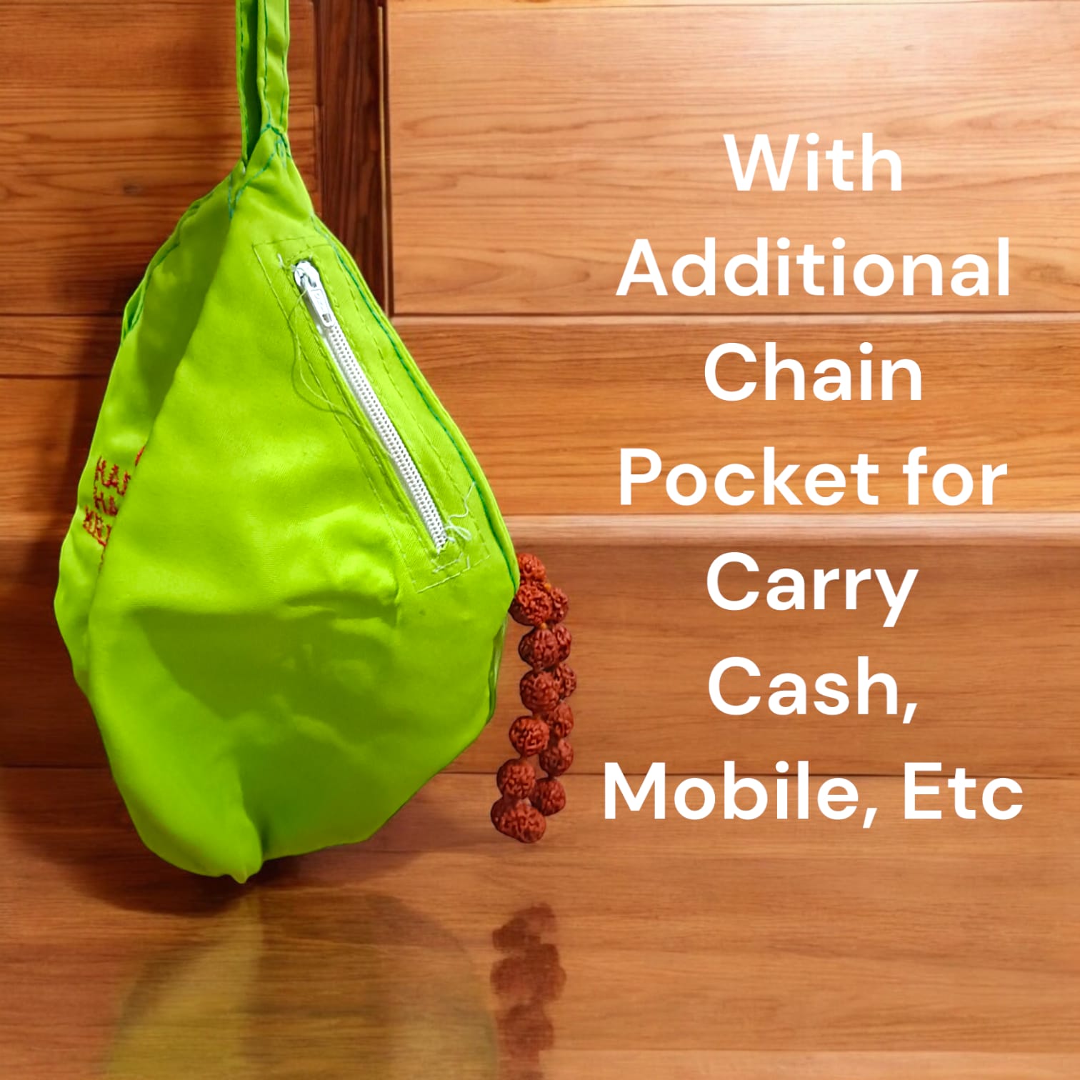 Laddu Gopal Cotton Japa Mala Bag with Gomukhi design, dimensions 25.4 x 12.7 x 2.5 cm, lightweight, available at Timeshopee.