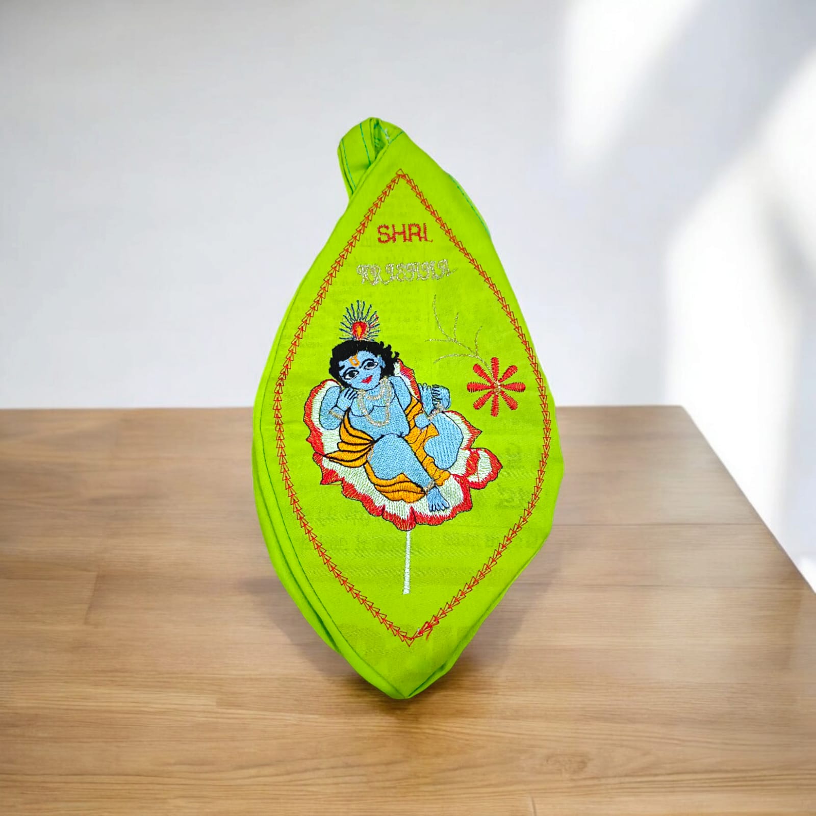 Laddu Gopal Cotton Japa Mala Bag with Gomukhi design, dimensions 25.4 x 12.7 x 2.5 cm, lightweight, available at Timeshopee.