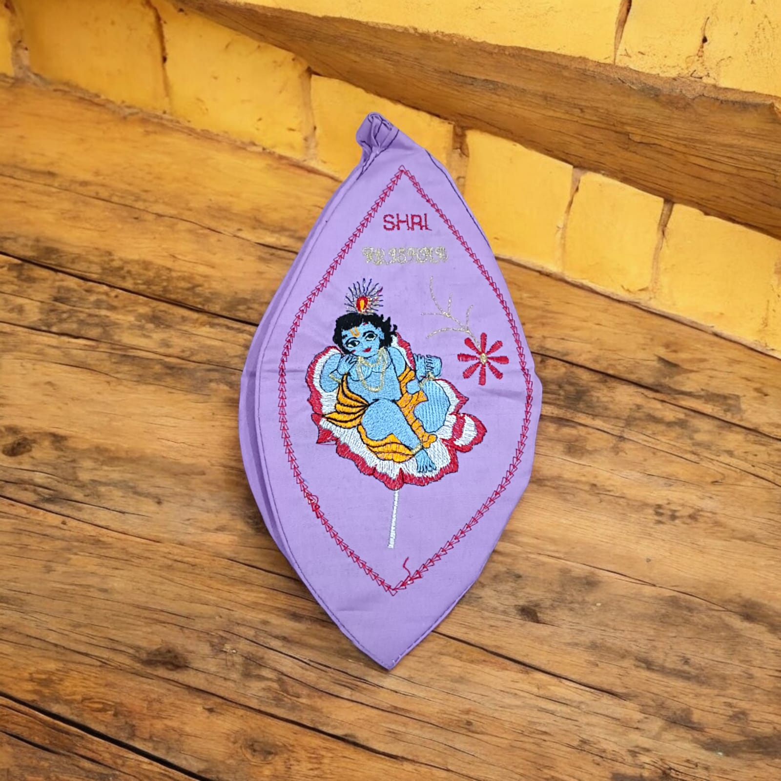 Laddu Gopal Cotton Japa Mala Bag with photo-printed Gomukhi design, dimensions 25.4 x 12.7 x 2.5 cm, lightweight and available at Timeshopee.