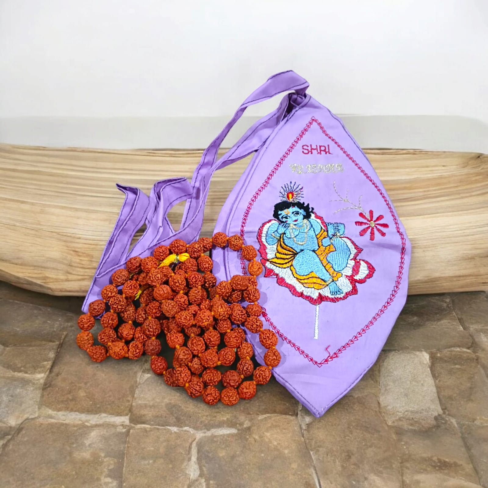 Laddu Gopal Cotton Japa Mala Bag with photo-printed Gomukhi design, dimensions 25.4 x 12.7 x 2.5 cm, lightweight and available at Timeshopee.