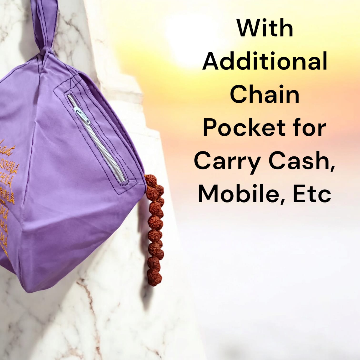 Laddu Gopal Cotton Japa Mala Bag with photo-printed Gomukhi design, dimensions 25.4 x 12.7 x 2.5 cm, lightweight and available at Timeshopee.