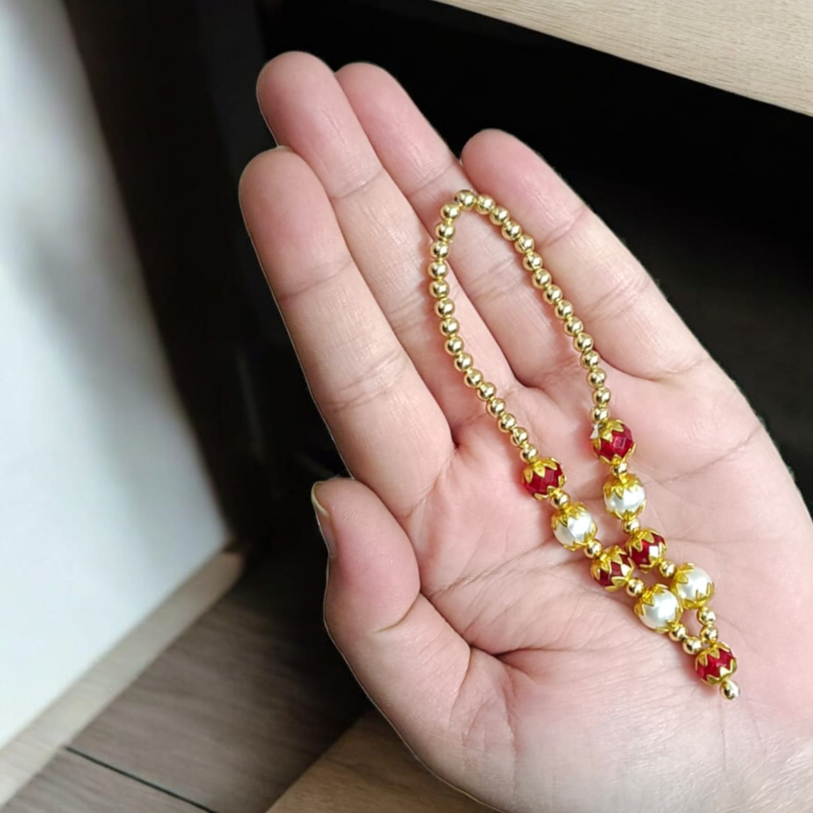 Laddu Gopal Mala with Pearl and Zircon beads in red, white, and golden colors by Timeshopee