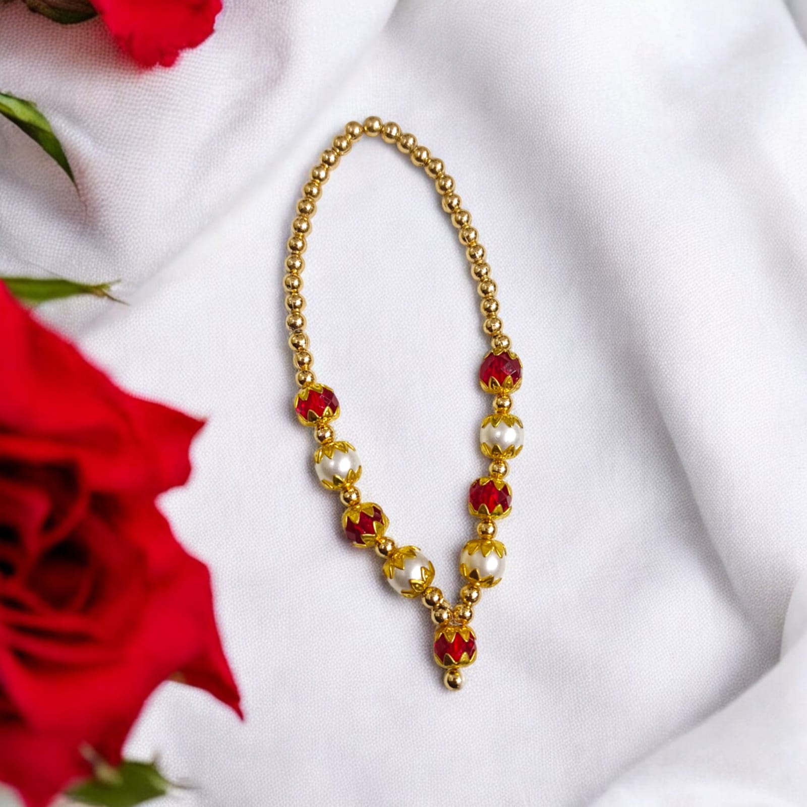 Laddu Gopal Mala with Pearl and Zircon beads in red, white, and golden colors by Timeshopee