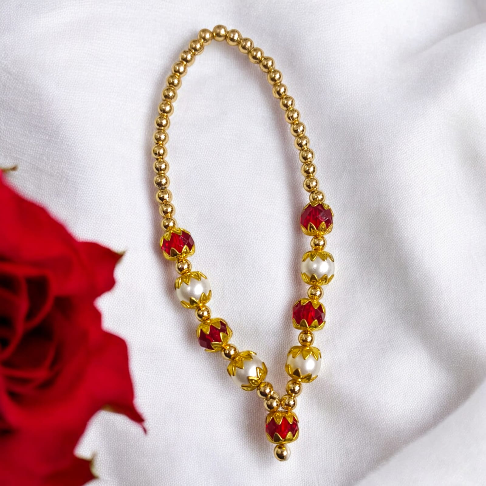 Laddu Gopal Mala with Pearl and Zircon beads in red, white, and golden colors by Timeshopee