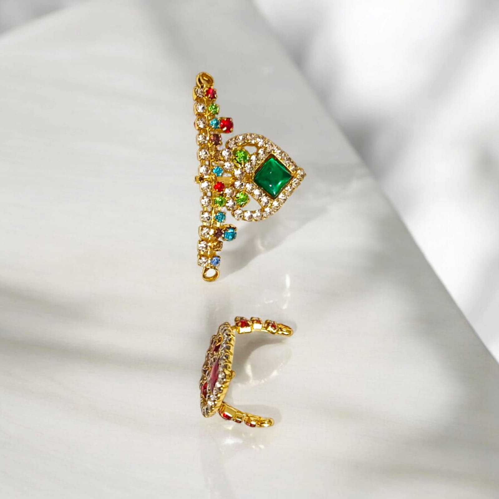 Laddu Gopal Mukut with Zircon Design in Red and Green colors, featuring an adjustable fit, by Timeshopee