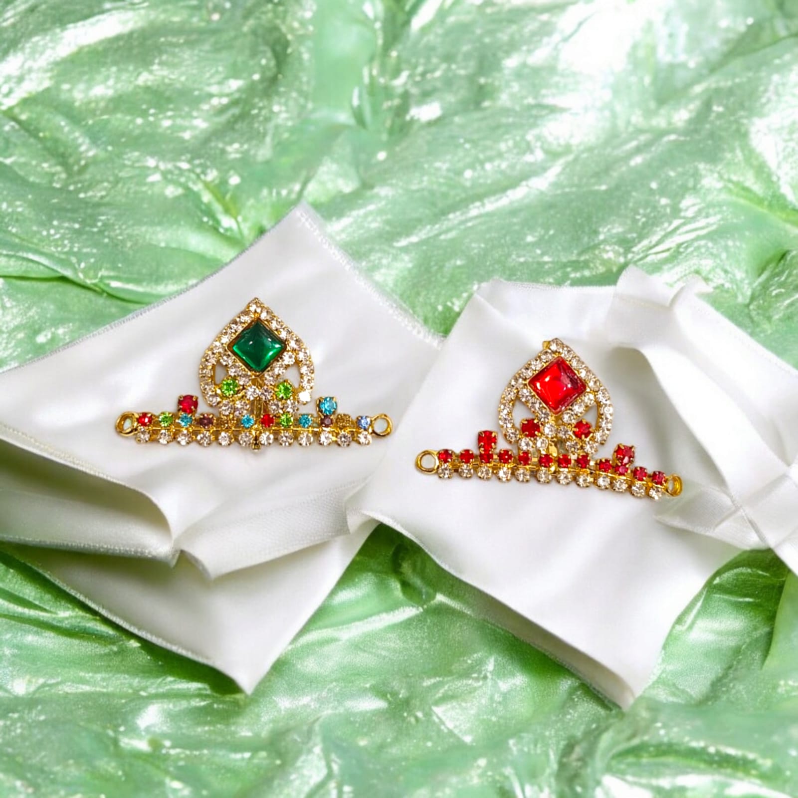 Laddu Gopal Mukut with Zircon Design in Red and Green colors, featuring an adjustable fit, by Timeshopee
