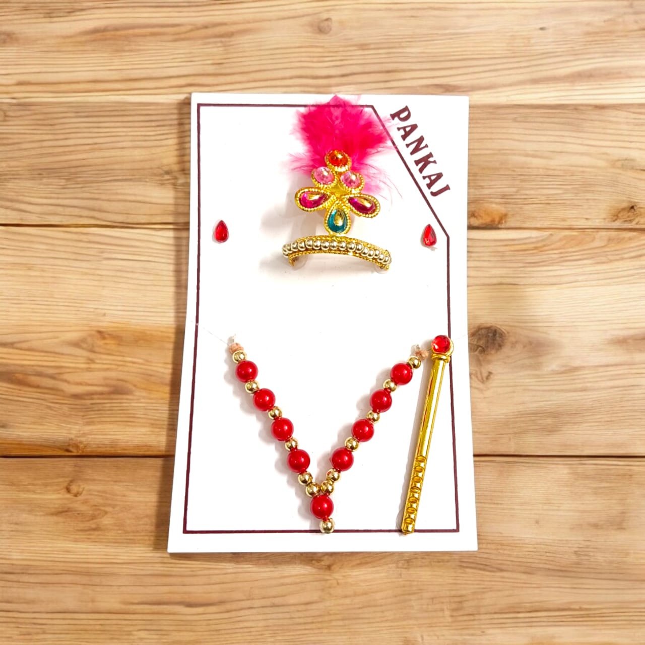 Laddu Gopal Shringaar Set with Mukut, Bangles, Mala, Earrings, Bansuri, Bindi in vibrant colors by Timeshopee